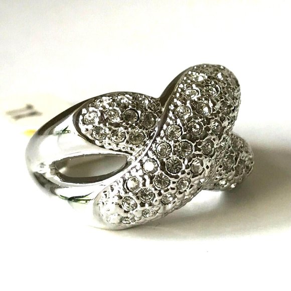 Vintage Silver Criss Cross Cocktail Ring Swarovski Crystal Size 9 Camilla Lucia - Picture 6 of 12